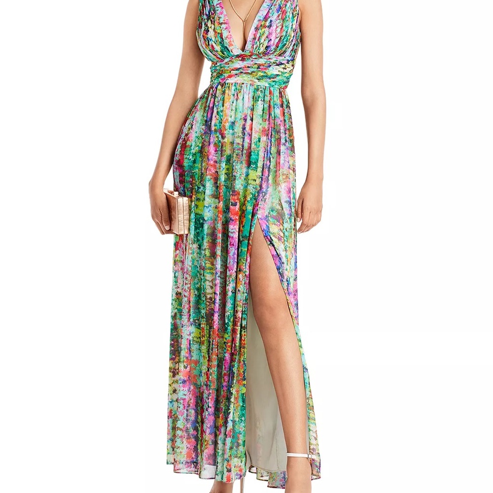Printed V-Neck Empire-Waist Sleeveless Chiffon Dress